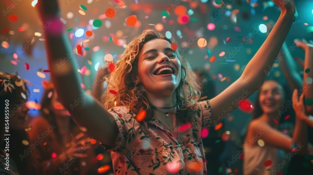 Fototapeta premium A group of enthusiastic friends dancing with energy and joy in a room filled with colorful a lively party atmosphere The scene captures the and togetherness of a celebratory gathering