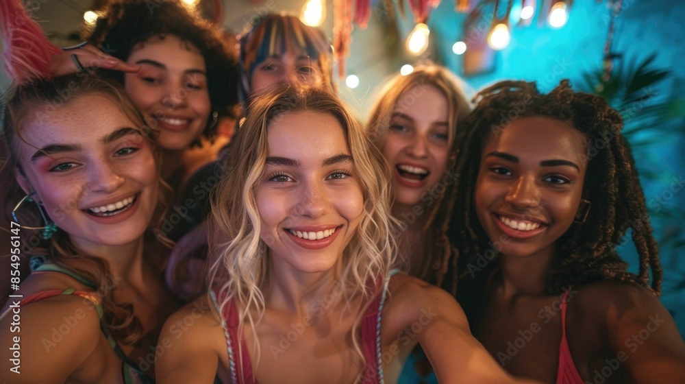 A group of young friends posing for a cheerful selfie together with vibrant party and lights in the background capturing a moment of shared happiness and A group of young friends posing for a cheerful selfie together with vibrant party and lights in the background capturing a moment of shared happiness and