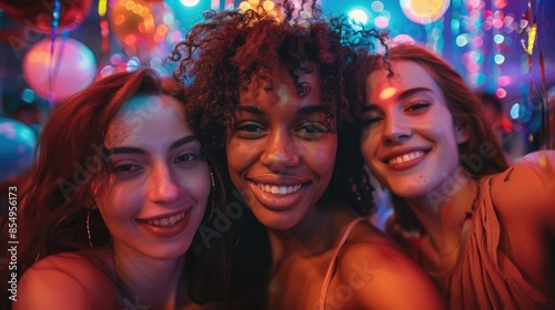 A group of cheerful young friends posing together for a lively selfie photo with colorful party and a festive blurred background setting the mood for a celebratory gathering