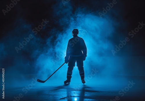 Silhouette of a hockey player standing on an ice rink, surrounded by blue mist, ready for action in a dramatic atmosphere.