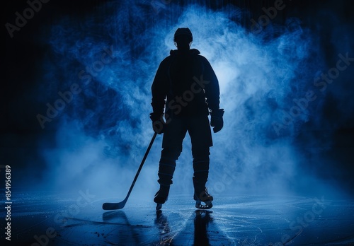 Silhouetted ice hockey player standing on the rink with a smoky blue background, creating a moody and dramatic atmosphere.