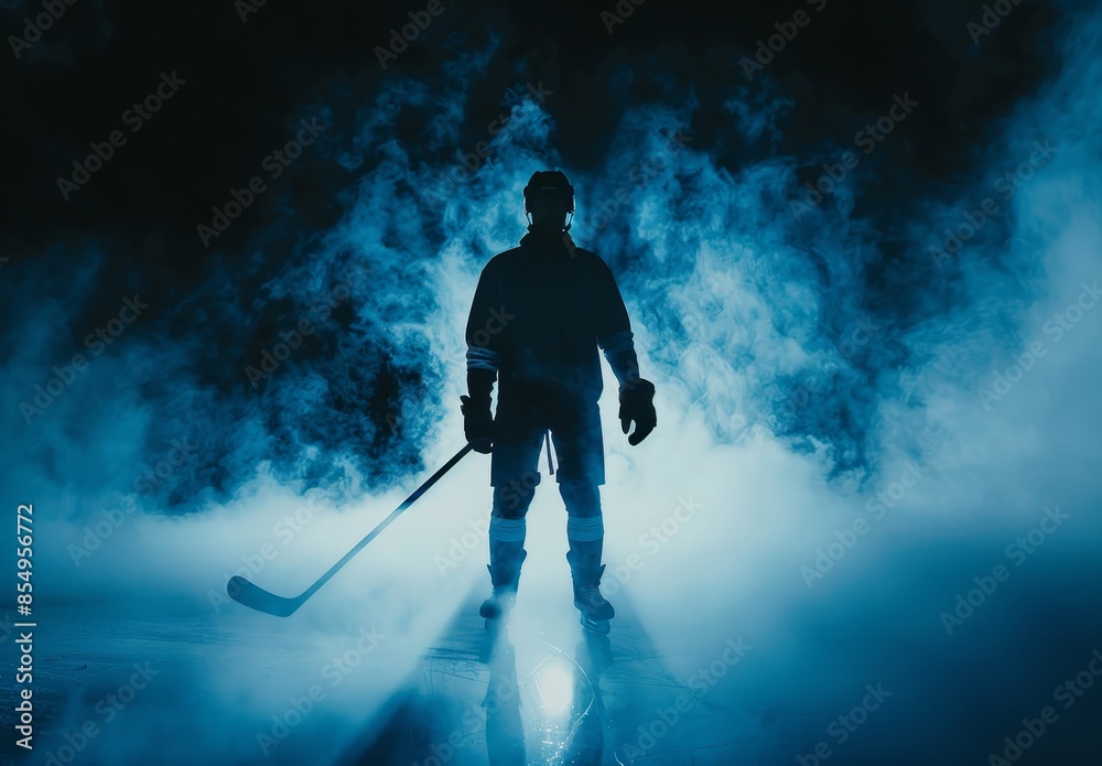 Naklejka premium Silhouette of a hockey player holding a stick standing on an ice rink with dramatic smoke and blue light in the background.