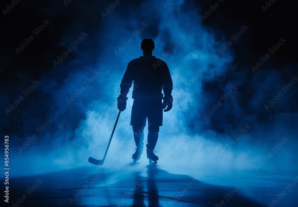 Naklejka premium Silhouette of a hockey player holding stick, surrounded by blue smoke on ice rink. Dramatic sports scene highlighting intensity and focus.