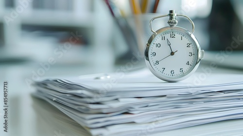 Stopwatch Next to Business Papers on Clean White Desk with Bright Lighting photo