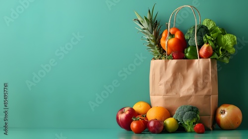 A paper bag full of fresh fruits and vegetables against a green background with space for copy, in the style of a banner design. A colorful healthy food concept.