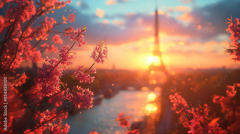 Design a landscape picture of the Eiffel Tower in spring and summer with gentle sunshine, Design a landscape picture of the Eiffel Tower in spring and summer with gentle sunshine,