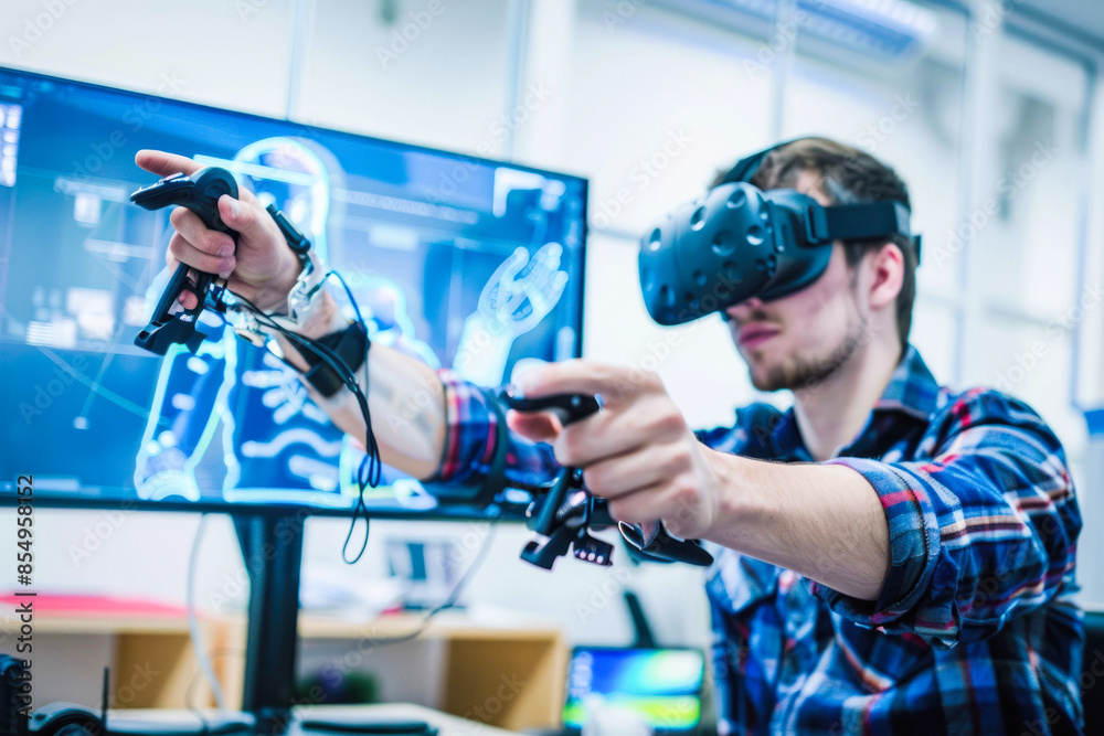 Person with VR gear in front of screen Person with VR gear in front of screen