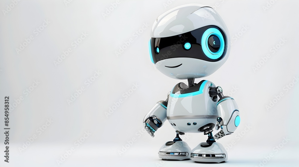 Friendly 3D Metallic Blue Robotic Character Smiling on Clean White Background