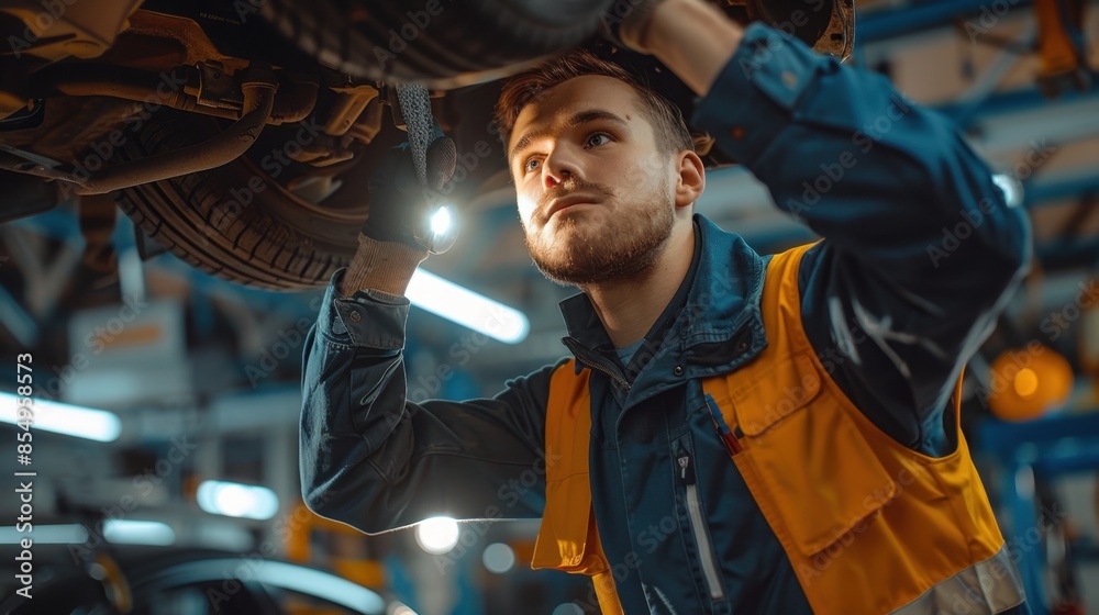 In a professional workshop, a mechanic uses a flashlight to meticulously examine the underside of a car, emphasizing meticulous vehicle maintenance.
In a professional workshop, a mechanic uses a flashlight to meticulously examine the underside of a car, emphasizing meticulous vehicle maintenance.