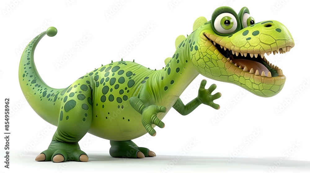 Fototapeta premium Playful 3D Dinosaur Waving With Big Eyes and Wide Smile on Isolated White Background