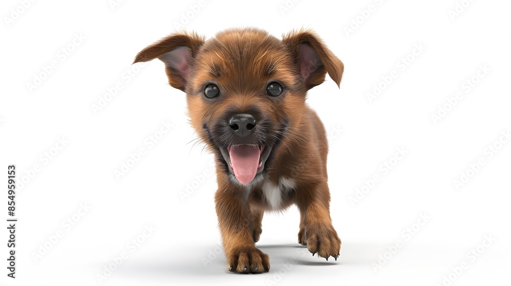 Adorable 3D Brown Puppy with Floppy Ears and Playful Stance on White Background Adorable 3D Brown Puppy with Floppy Ears and Playful Stance on White Background