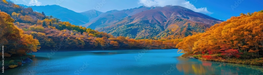 Obraz premium Stunning autumn landscape with vibrant fall foliage, calm blue lake, and mountains under a clear sky. Perfect for nature and travel enthusiasts.