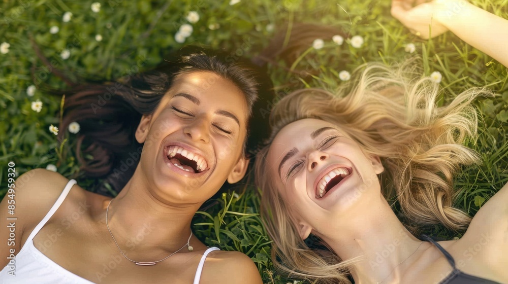 Lounging on the grass, two women erupt into laughter. Their bright eyes and wide smiles capture a moment of carefree delight, resonating with the lively ambiance of the outdoors.
Lounging on the grass, two women erupt into laughter. Their bright eyes and wide smiles capture a moment of carefree delight, resonating with the lively ambiance of the outdoors.