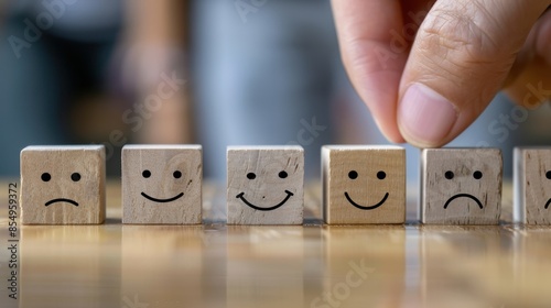 A hand selects a wooden block with a smiling face from a row of blocks displaying different emotions, including sad and neutral faces. The image conveys the choice of positivity and happiness 