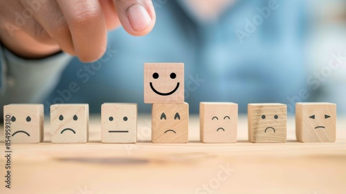 In a scene where wooden blocks showcase a spectrum of emotions, a hand decisively chooses a block with a bright smile, embodying the intentional embrace of positivity amidst other subdued expressions.