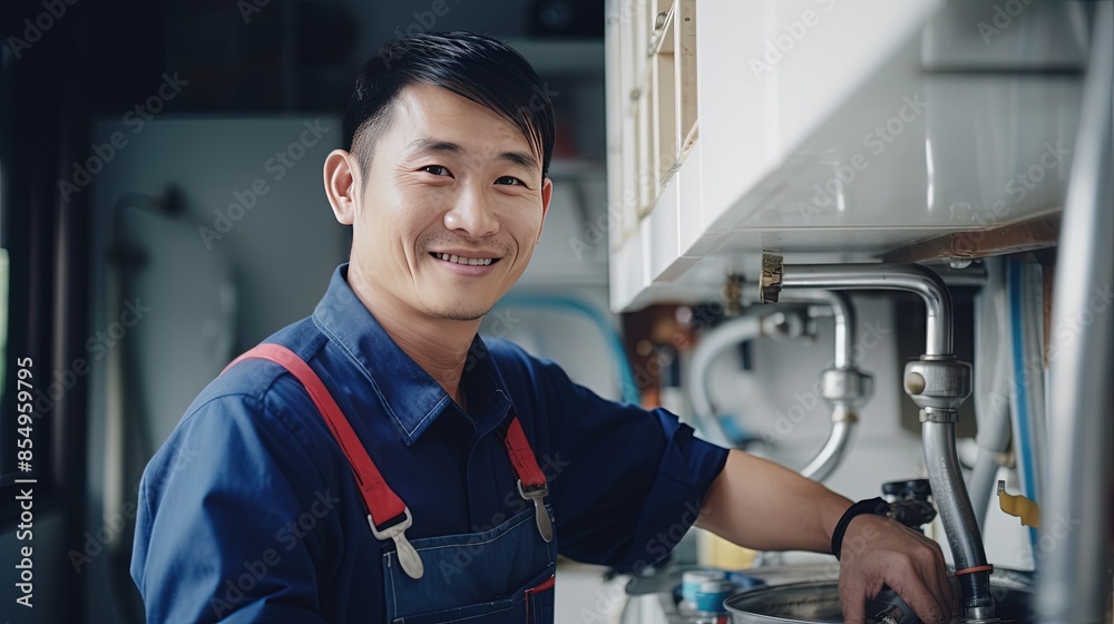 portrait of a smiling asian plumber in uniform in the kitchen or bathroom. against the backdrop of repaired and installed plumbing fixtures portrait of a smiling asian plumber in uniform in the kitchen or bathroom. against the backdrop of repaired and installed plumbing fixtures