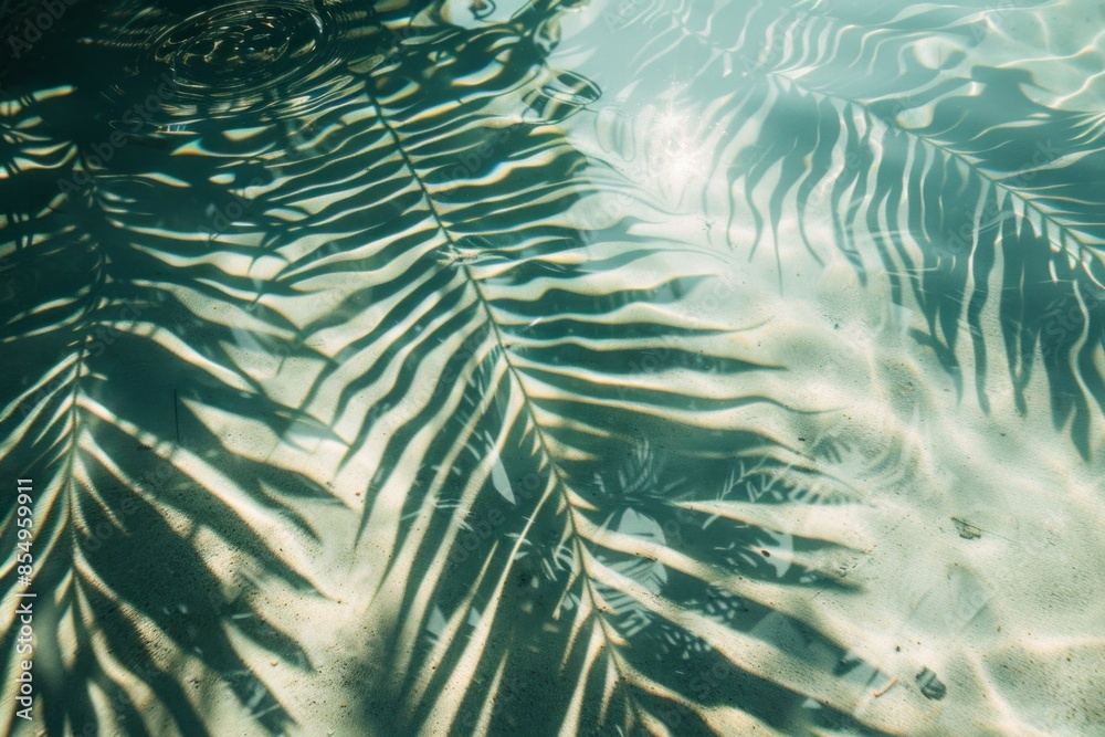 The dappled shadow of lush tropical leaves dances delicately on the crystal-clear surface of the tranquil tropical beach, creating a mesmerizing play of light and shadow The dappled shadow of lush tropical leaves dances delicately on the crystal-clear surface of the tranquil tropical beach, creating a mesmerizing play of light and shadow