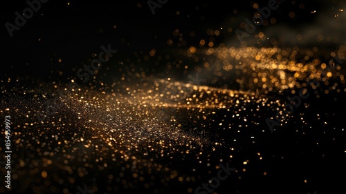 Shimmering golden glitter sparkles in darkness, creating a luxurious atmosphere. AIG53M