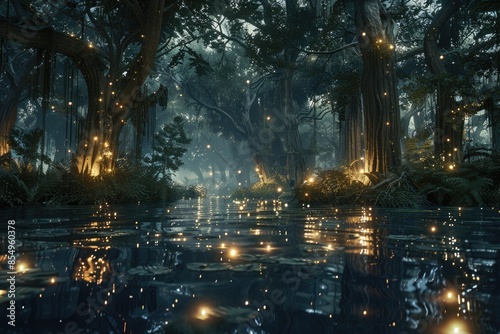 Enchanted forest with fireflies at night is serene and magical, creating a tranquil ambiance AIG59