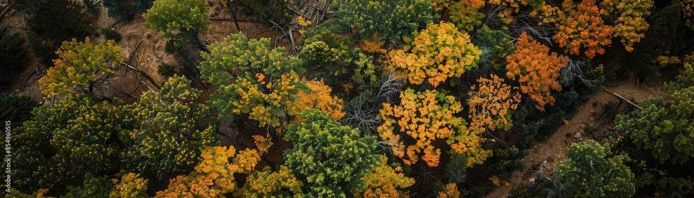 Aerial view of lush trees with vibrant autumn foliage in a dense forest, showcasing an array of green, yellow, and orange hues. Aerial view of lush trees with vibrant autumn foliage in a dense forest, showcasing an array of green, yellow, and orange hues.