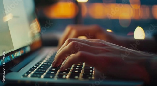 CloseUp of Hands Editing Video on Laptop in a Vibrant and Colorful Workspace Environment AIG59 photo