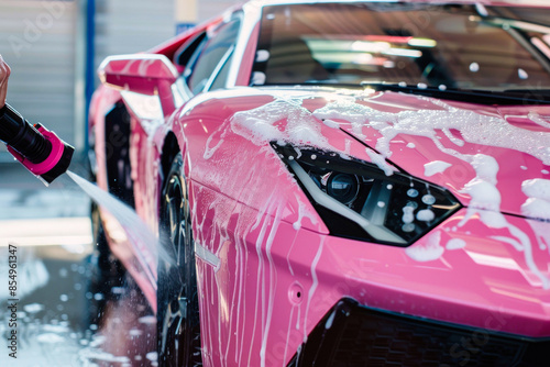 Detailed car wash of an exotic pink vehicle