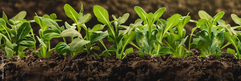 A plantation displays arugula flourishing in an organic environment, with verdant, crisp leaves set against rich soil and meticulously arranged plants, banner A plantation displays arugula flourishing in an organic environment, with verdant, crisp leaves set against rich soil and meticulously arranged plants, banner