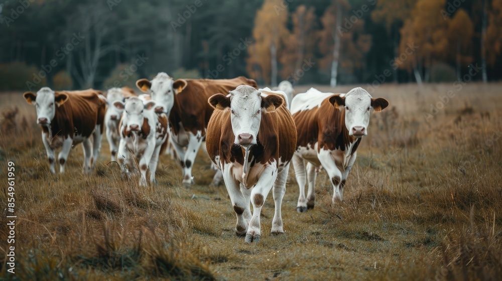 Brown and white cattle walking on pasture, farm animals Brown and white cattle walking on pasture, farm animals