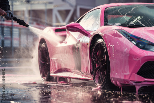 Power washing a sports car at a car detail photo