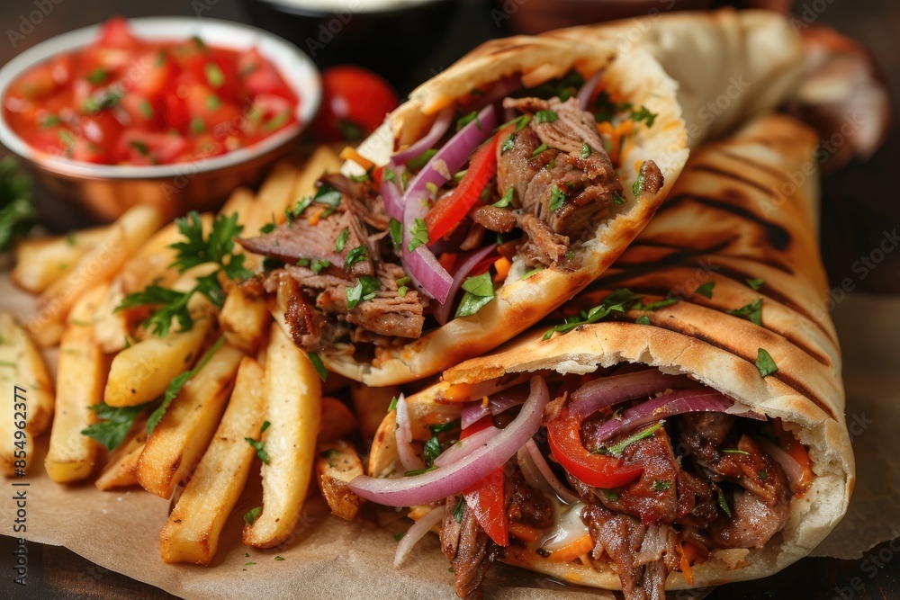 Delicious shawarma wrap with grilled meat Delicious shawarma wrap with grilled meat