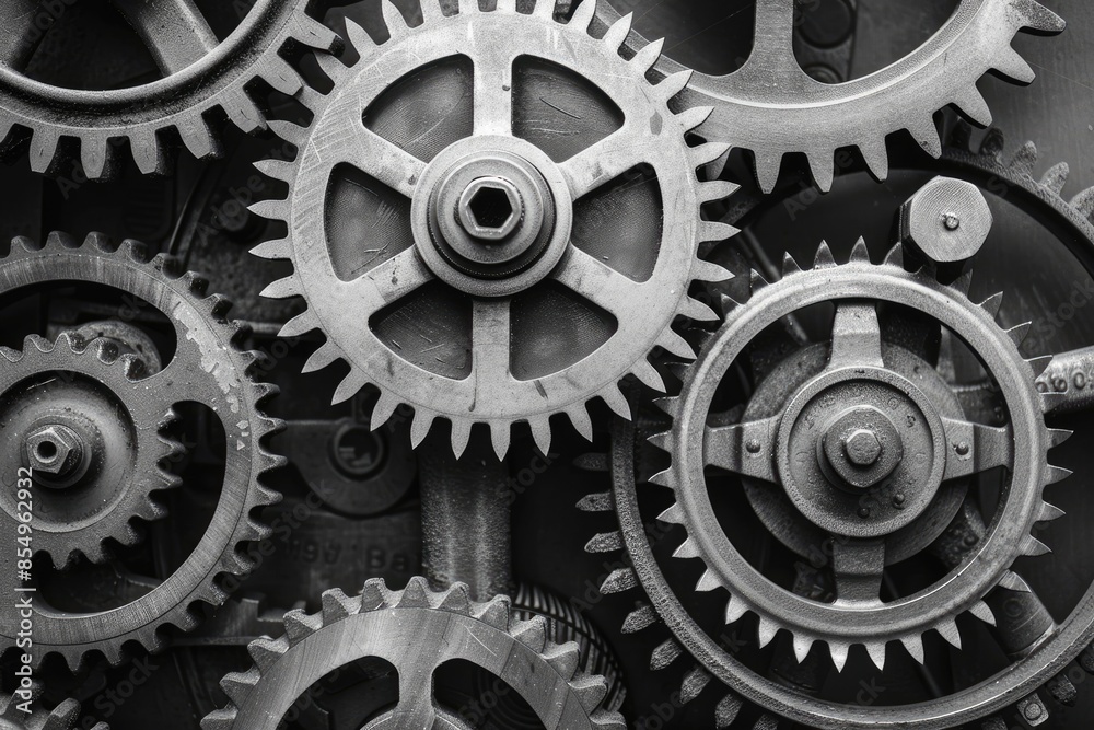 Retro black and white background of industrial cogs or gears with movement Retro black and white background of industrial cogs or gears with movement