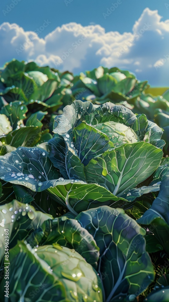 Cabbages on the farm plantation are adorned with dewdrops, each head flourishing in the fertile soil, ready to provide a nutritious and hearty harvest Cabbages on the farm plantation are adorned with dewdrops, each head flourishing in the fertile soil, ready to provide a nutritious and hearty harvest