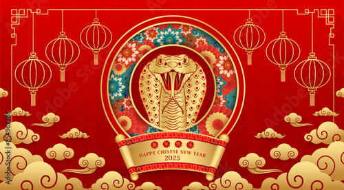 Card Happy Chinese New Year 2025. Snake gold zodiac sign on red background with flower cloud and lantern. China lunar calendar animal. Translation happy new year 2025, year of the snake. Vector.