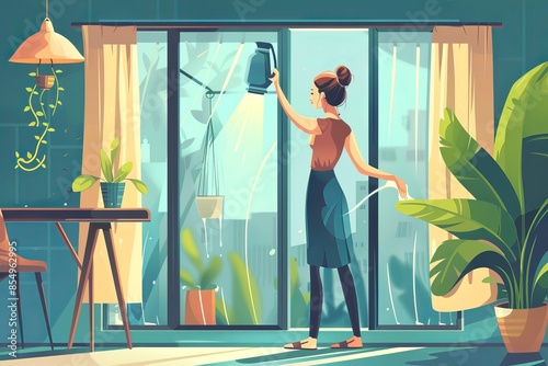 In her apartment, a woman carefully washes the windows, using a cloth and cleaning solution to remove dirt and streaks, creating a clearer view and a fresher environment, cartoon illustration