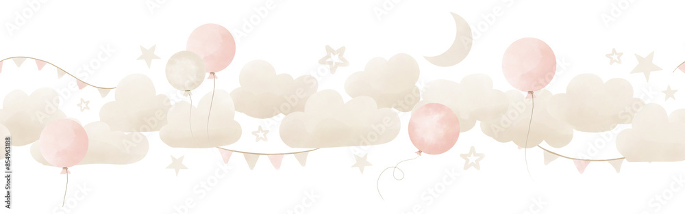 Baby border with Clouds and Balloons in pastel pink and beige colors. Seamless Pattern for girl Nursery wall art or childish greeting cards or holiday invitations. Frame with stars and garlands. Baby border with Clouds and Balloons in pastel pink and beige colors. Seamless Pattern for girl Nursery wall art or childish greeting cards or holiday invitations. Frame with stars and garlands.