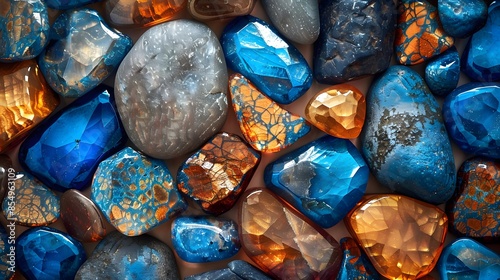 A vibrant display of blue and amber gemstones, arranged in an aesthetically pleasing pattern on the wall. The stones are of various sizes and shapes, creating a sense of depth and texture.