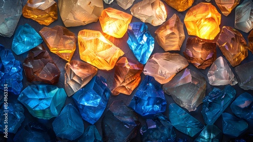 A vibrant display of blue and amber gemstones, arranged in an aesthetically pleasing pattern on the wall. The stones are of various sizes and shapes, creating a sense of depth and texture.