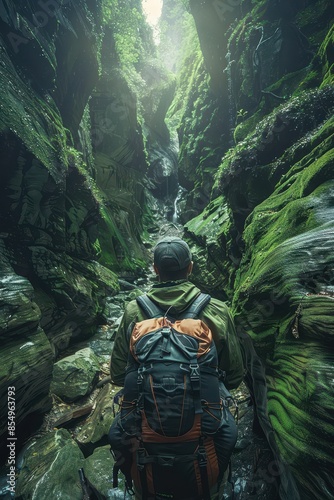 A man wearing an orange jacket stands on a mountain top with a backpack. The scene is serene and peaceful, with the man taking in the beautiful view of the mountains and the lake below