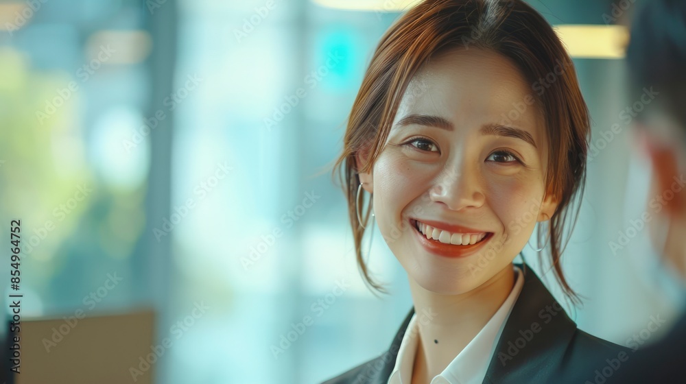 The Smiling Asian Businesswoman Beams With Joy, Her Happiness Contagious As She Interacts With Her Colleagues The Smiling Asian Businesswoman Beams With Joy, Her Happiness Contagious As She Interacts With Her Colleagues