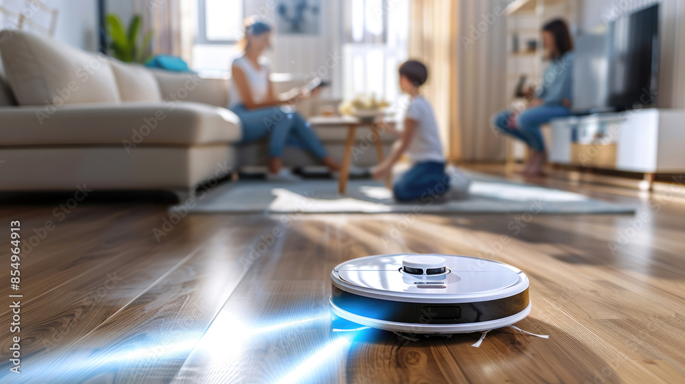 Modern Robotic vacuum cleaner on the floor in cozy modern living room Modern Robotic vacuum cleaner on the floor in cozy modern living room