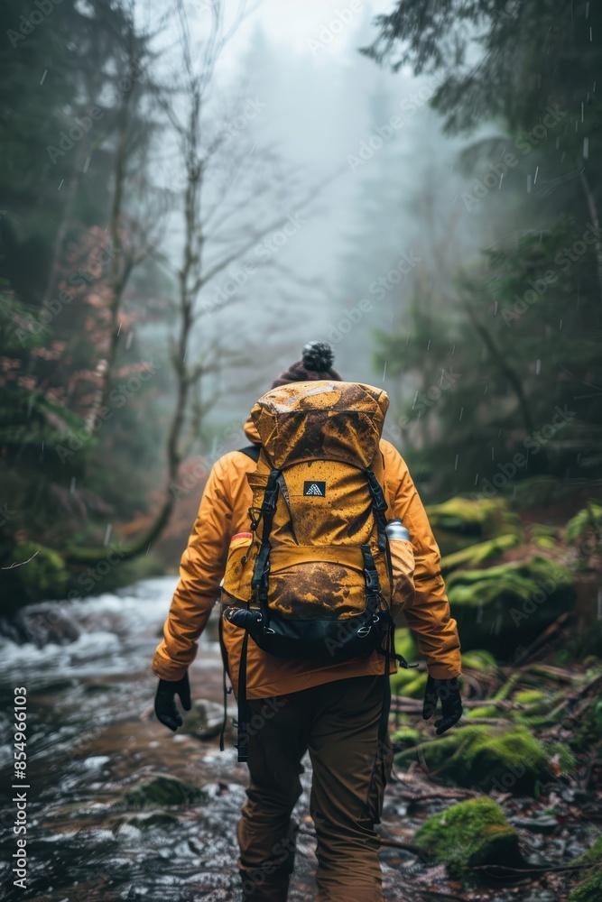 Obraz premium A man wearing an orange jacket stands on a mountain top with a backpack. The scene is serene and peaceful, with the man taking in the beautiful view of the mountains and the lake below