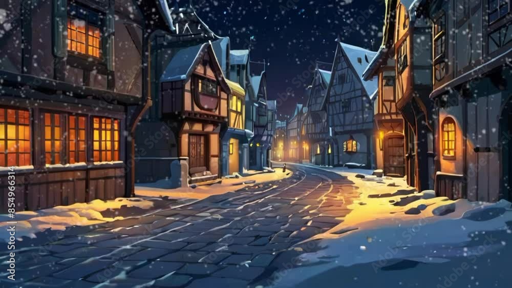 medieval city streets at night winter. Seamless looping 4k video animation medieval city streets at night winter. Seamless looping 4k video animation