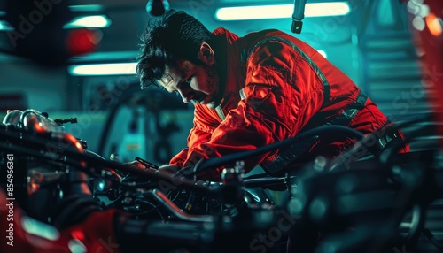 Mechanic working on engine at modern workshop, showing craftsmanship in automotive repair AIG58 photo