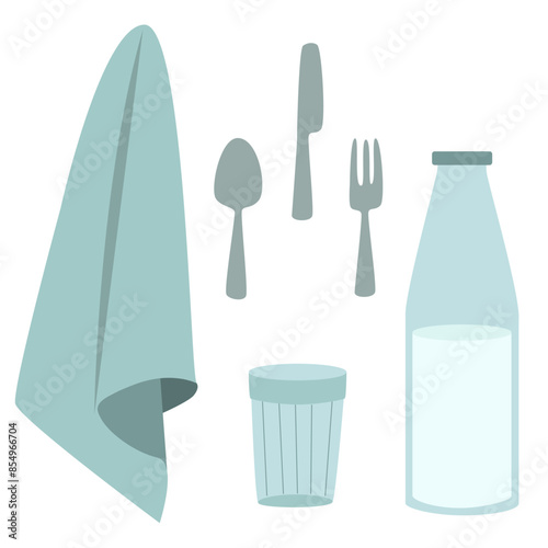 Kitchen utensil set. Towel, glass, fork, spoon, knife. Vector illustration of cutlery and dishes. Drawing of glass bottle with milk. Kitchen items for eating.