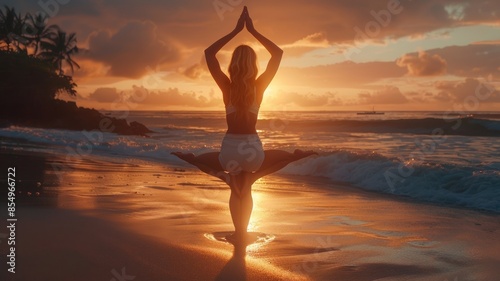 Enjoy a serene moment of sunset beach yoga with a woman meditating by the ocean AIG58 © Summit Art Creations