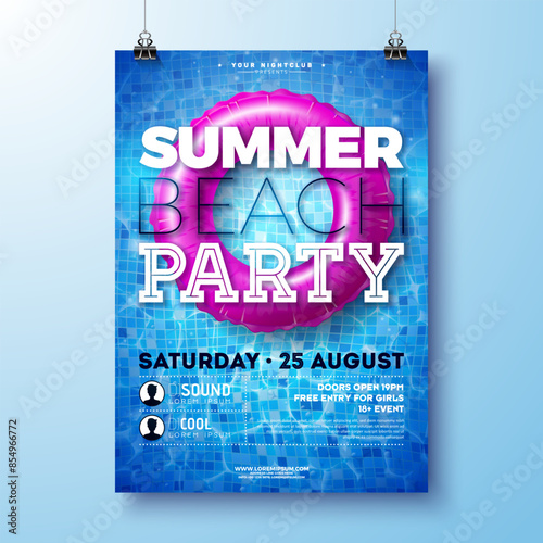 Summer Beach Party Flyer Design Template with Float on Water in the Tiled Pool Background. Vector Summer Celebration Holiday Illustration for Banner, Flyer, Invitation or Celebration Poster.