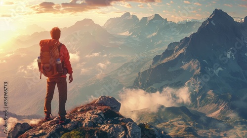 A man wearing an orange jacket stands on a mountain top with a backpack. The scene is serene and peaceful, with the man taking in the beautiful view of the mountains and the lake below