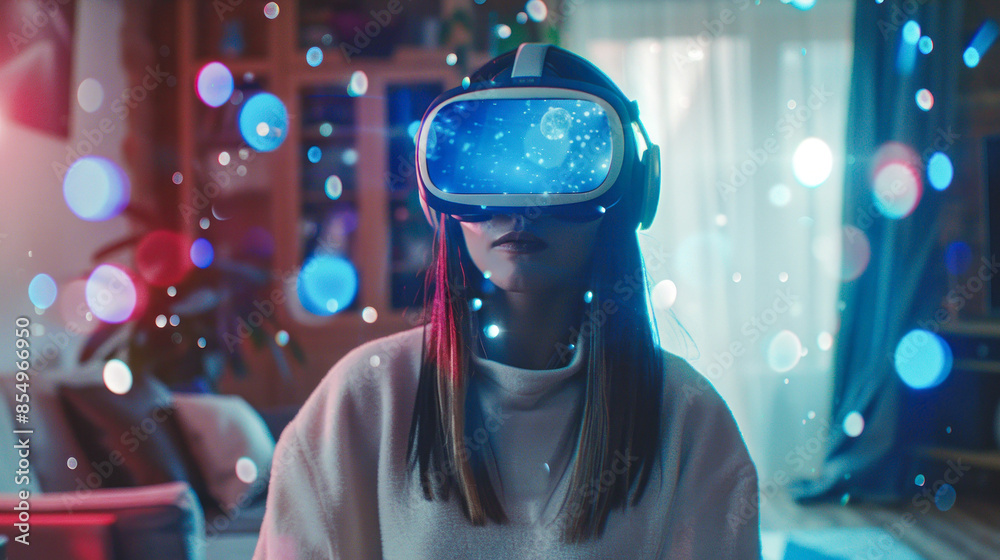Naklejka premium Person with VR headset among colorful lights