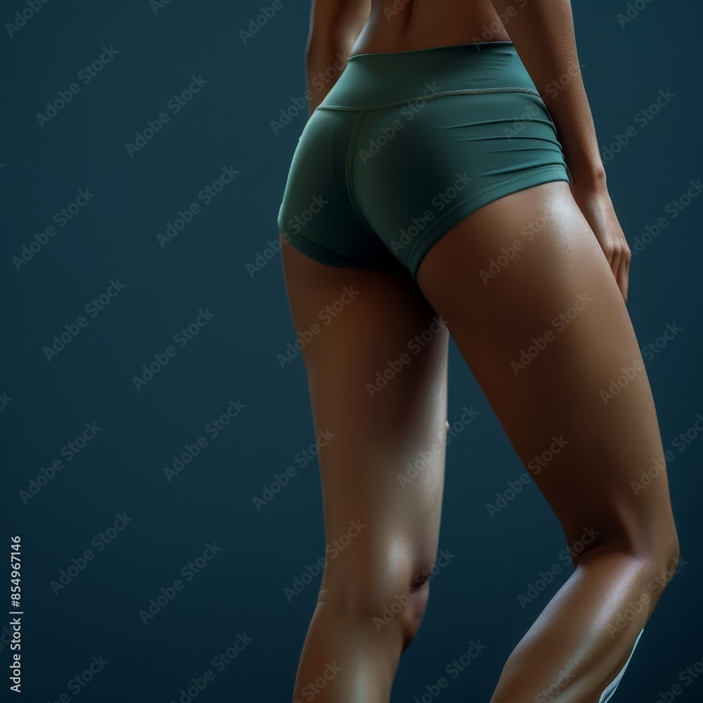 Fototapeta premium a woman's lower body She is wearing a sports bra sport pants. Her posture suggests she is either walking or in mid-motion, with one foot slightly lifted off the ground.