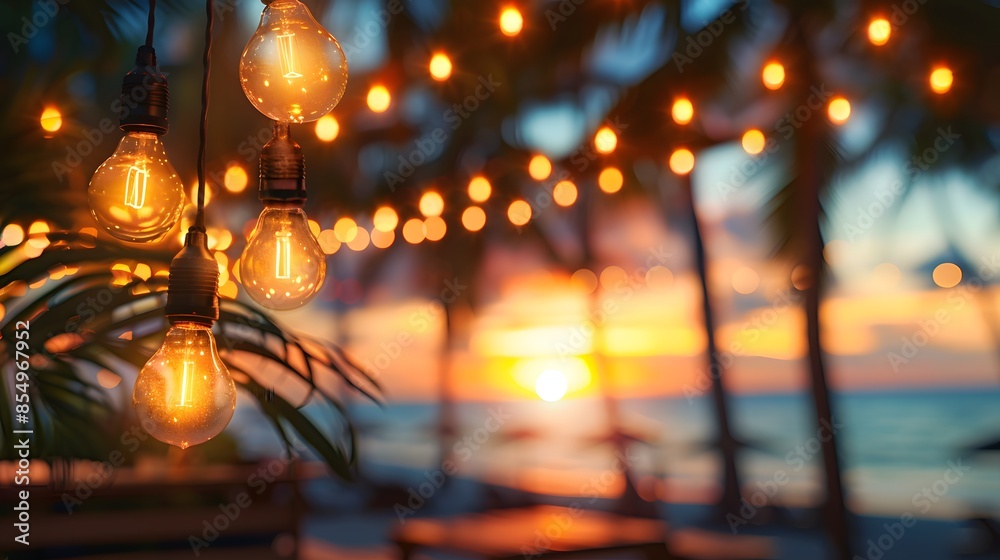 Blurred background of an outdoor cafe with string lights at sunset on the beach, blurred palm trees and ocean in bokeh. Vintage light bulbs for a summer party or wedding ceremony decor. Blurred background of an outdoor cafe with string lights at sunset on the beach, blurred palm trees and ocean in bokeh. Vintage light bulbs for a summer party or wedding ceremony decor.